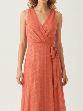 Chetta B Coral Plaid Wrap Midi Dress